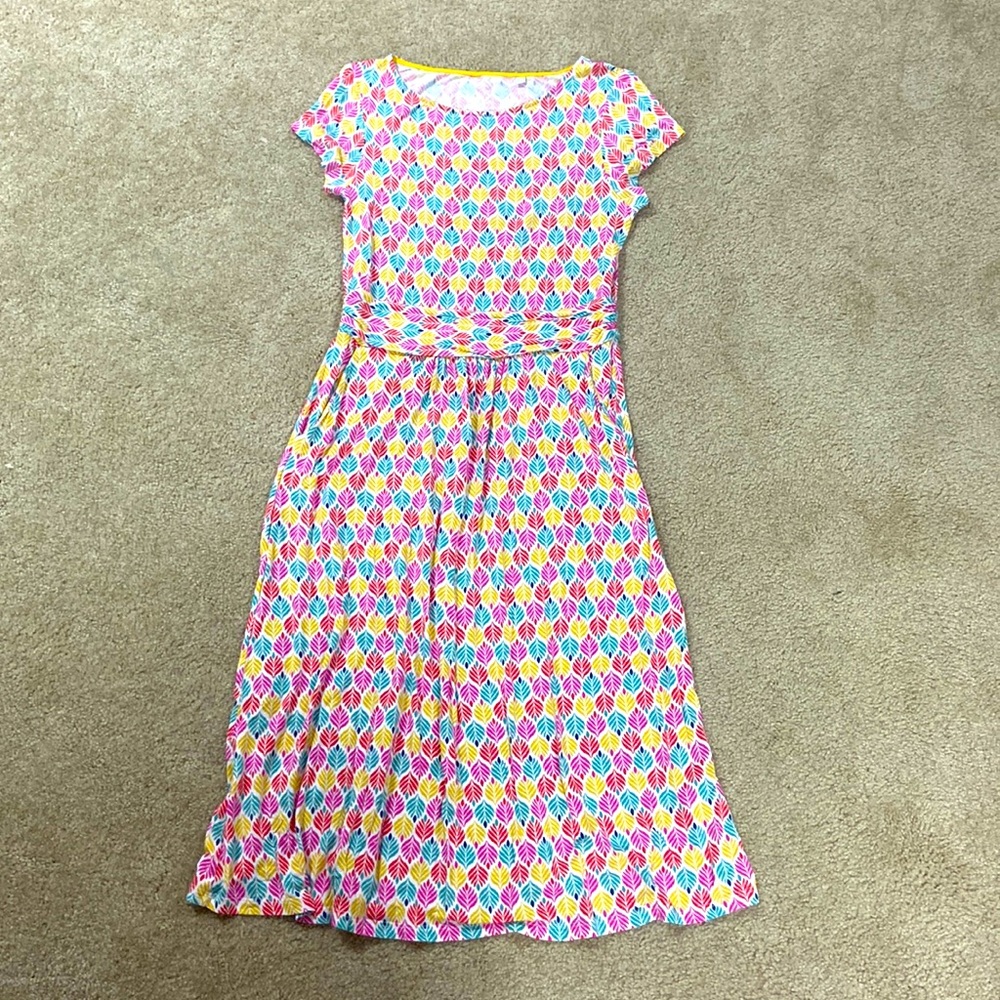 Boden bright colored rainbow palm leaf print Jersey dress pockets Spring Easter